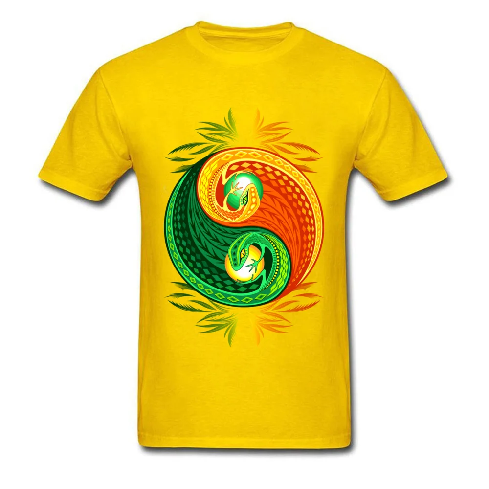 Company Leisure Printed T-shirts O Neck Cotton Fabric Male Tops Shirts Short Sleeve Father Day Printed Sweatshirts YinYang Gecko Lizard Opposite Colors Sign yellow