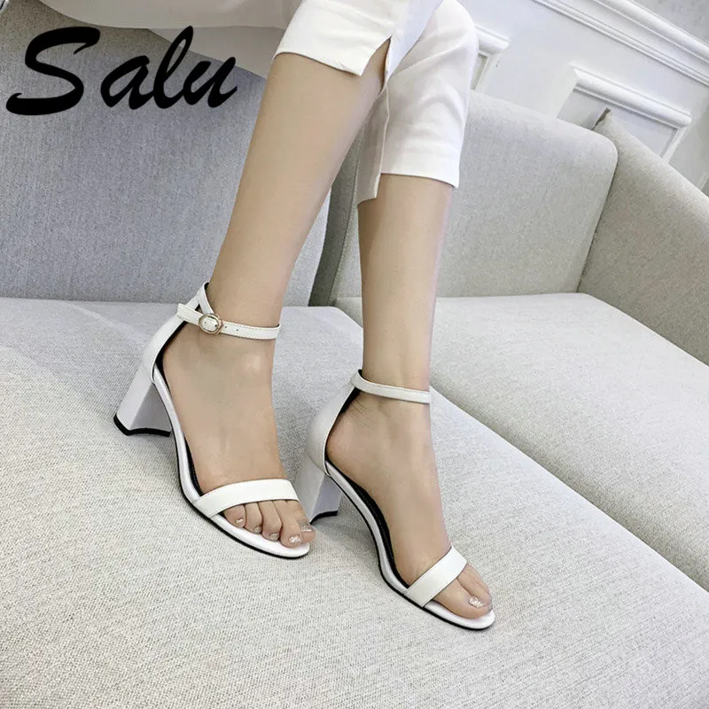 

Salu 2019 Women Sandals Open Toe Genuine Leather Back Strap Fashion Square High Heel Concise Wedding Shoes Woman Size 34-43
