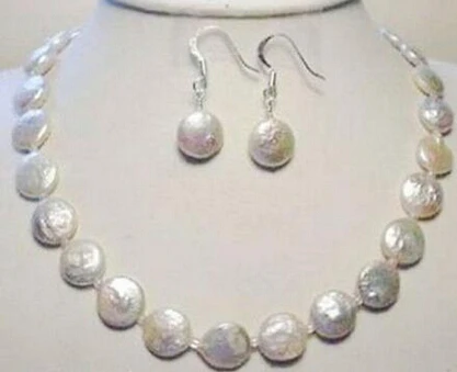 hot sell NEW 12-13MM WHITE COIN PEARL NECKLACE 18'' + EARRING JEWELRY SET | Украшения и аксессуары