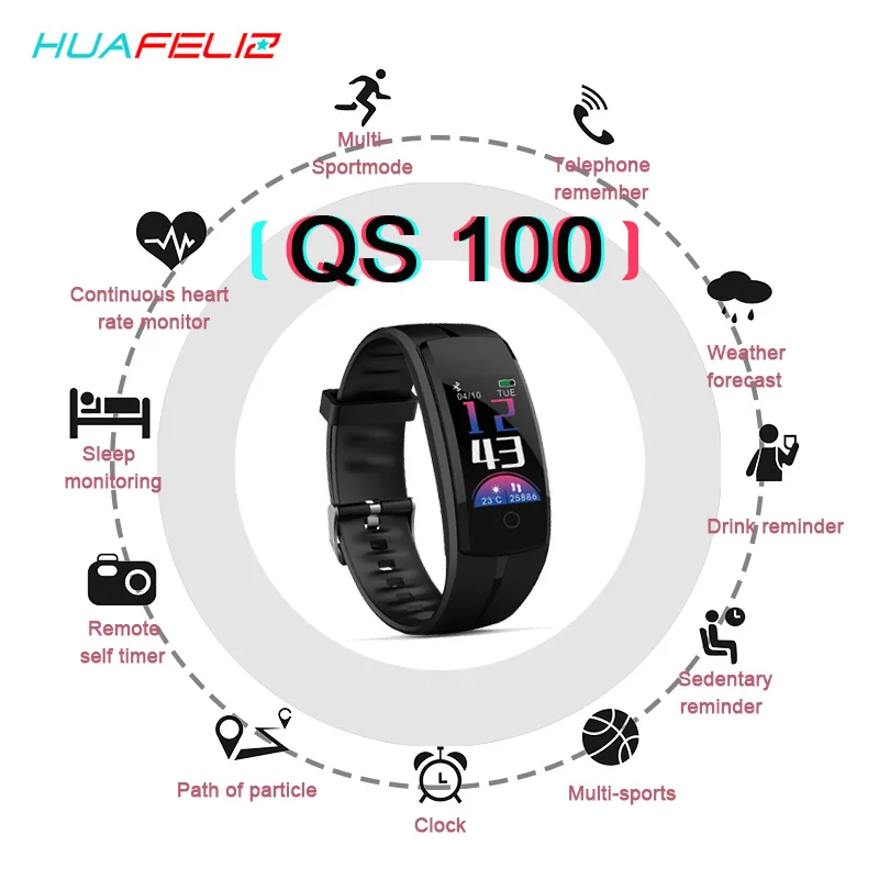 

QS100 Smart Wristband Bracelet Band Watch Color LCD Fitness Tracker Heart Rate Blood Pressure Monitor Waterproof Pedometer