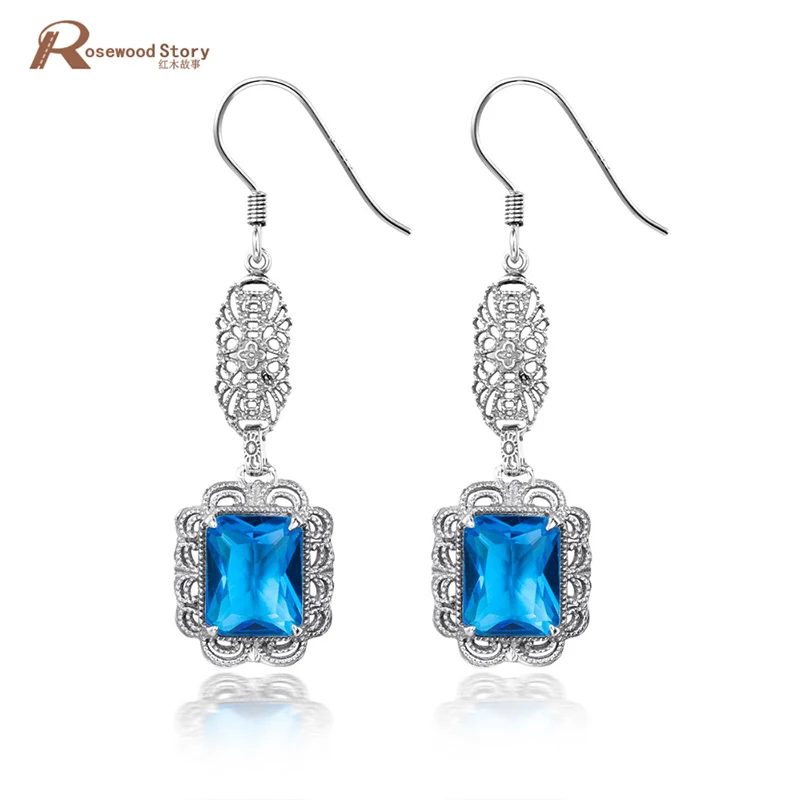 

Vintage Elegant Luxury Beautiful Earrings Blue CZ Rhinestone Soild 925 Sterling Silver Fashion Earrings For Women Charm Jewelry