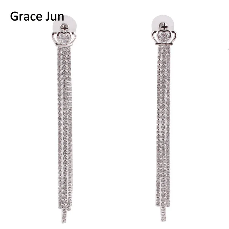 

Grace Jun 2017 New Design Full Cubic Zirconia Cross Crown Shape Long Dangle Drop Earrings for Girls Egagement Fine Jewelry Gift