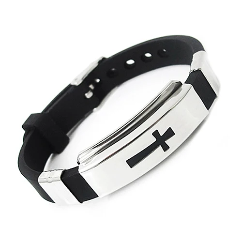 

Supreme Cool Men's Stainless Steel Bracelet Cross Black Rubber Band Bangle for Gift