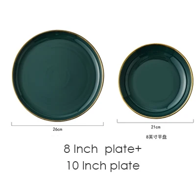 8 and 10 Inch Зеленая керамическая пластина с золотой инкрустацией, тарелка для стейка, посуда в скандинавском стиле, миска Ins, обеденное блюдо, высококачественный фарфоровый набор посуды - Цвет: 8 and 10 Inch