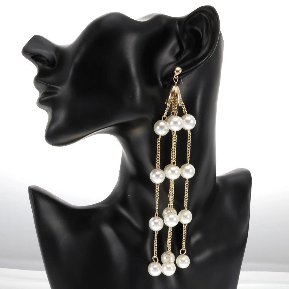 

Hot sale multilayer handmade Gold Color Simulated Pearl Long Dangle Earrings Wedding Bridal Party Luxury Vintage flower Earring