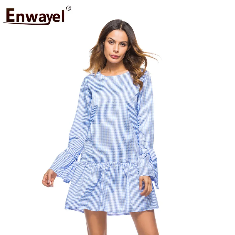 ENWAYEL 2018 новые осенние модные свободные плед с длинными рукавами расклешенными