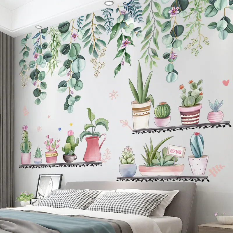 

[shijuekongjian] Green Leaves Wall Stickers DIY Potted Plant Wall Decals for House Living Room Kids Bedroom Decoration