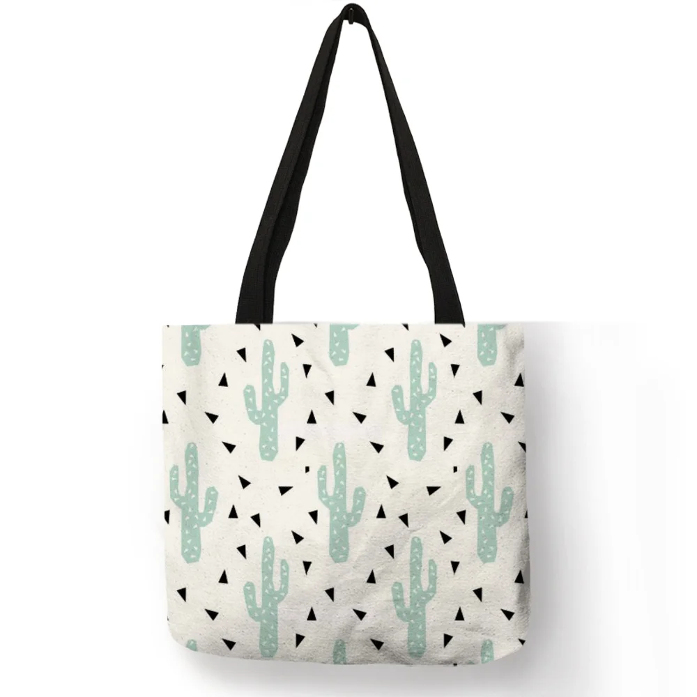 

Eco Reusable Linen Shopping Hand Bags Fresh Cactus Whale Geometry Pattern Cat Print Tote Bag Women Casual Travel Shoulder Bag