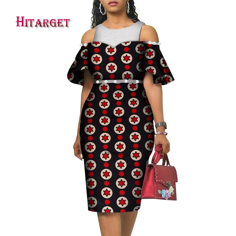 

african clothes for women Sexy Leaky Shoulder Knee Dress danshiki african print dresses with lace and pearl for party WY4104
