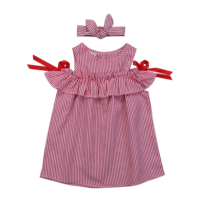 

2018 Stylish Girls Summer Dress Ruffles Round Neck Off Shoulder A-line Striped Headband 2pcs Cute Beach Casual Dresses Vestidos