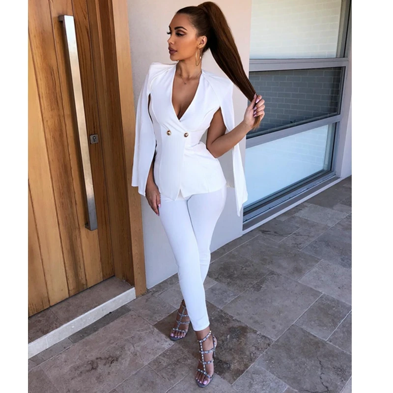 Partie Cape Clubwear Festa Salopette Noir 2019 Célébrité Bouton Manches Blanc Longues En Solide Moulante Col Nouveau À Mode Femmes V nTZpqUA