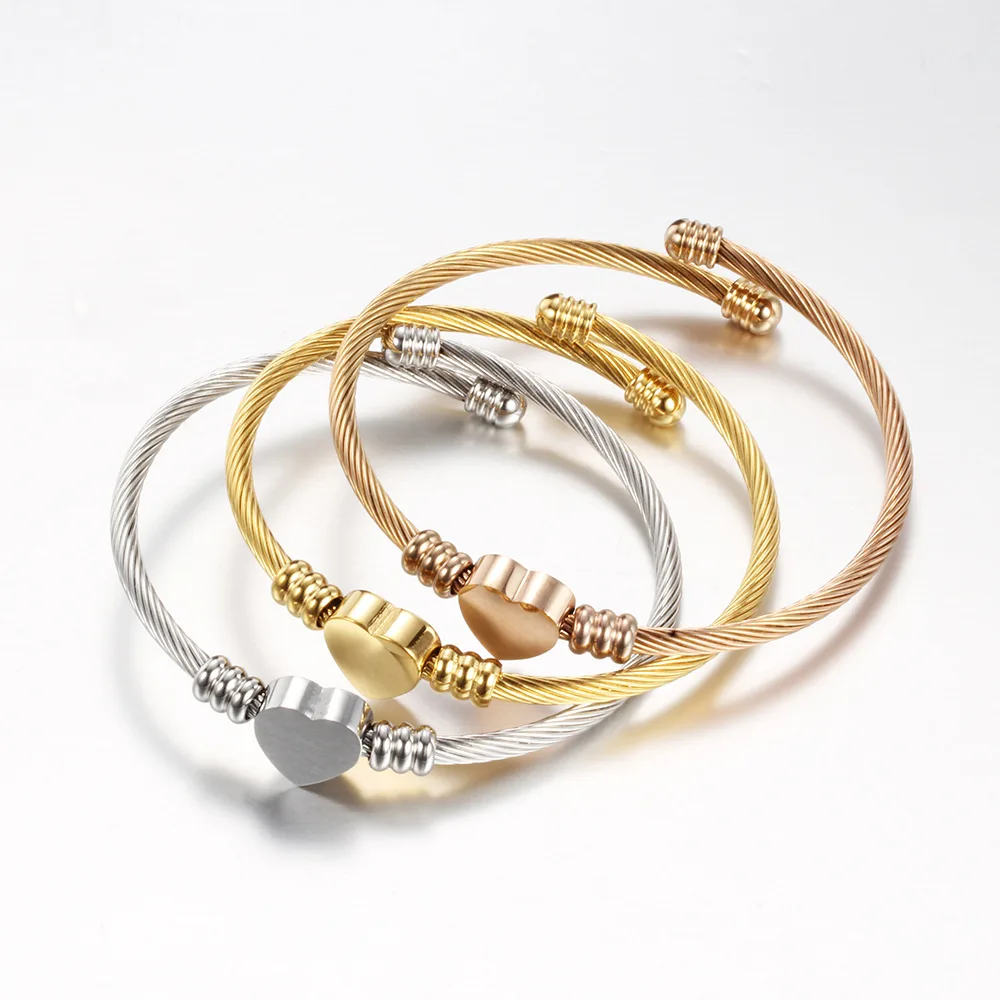 

Creative Stainless Steel Wire Braided Bracelet Cable Wire Titanium Steel Heart-Shaped Bracelet Rose Gold Fashion Women Bracelet