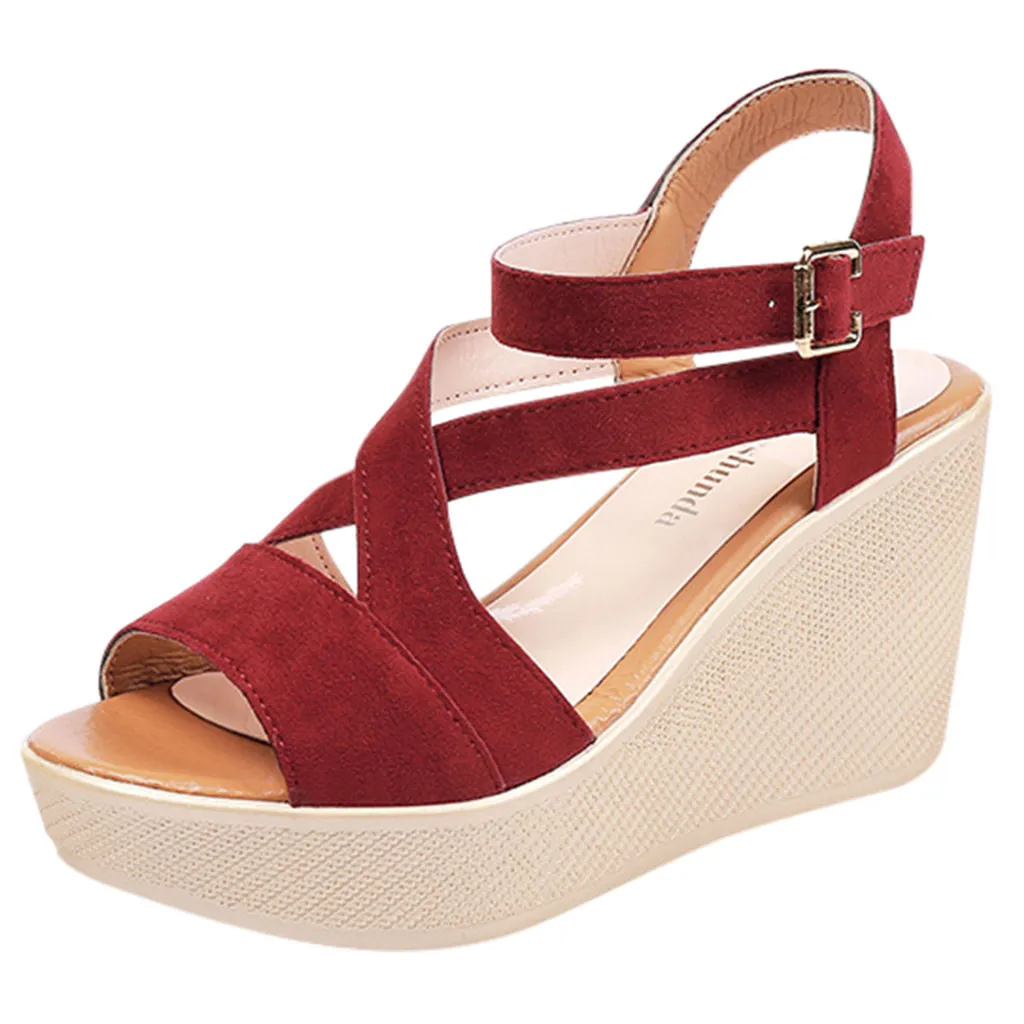 

Jaycosin sandals summer ladies solid color Roman wedge with platform waterproof platform open toe word buckle with women shoes