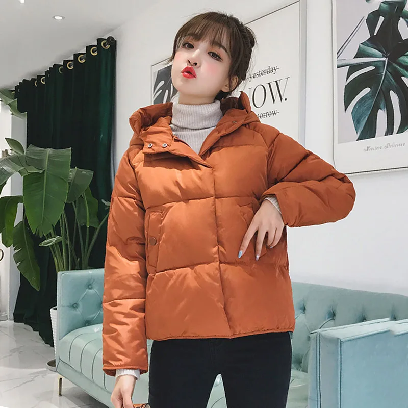 Корейский стиль, женская зимняя куртка, с капюшоном, на пуговицах, хлопковое Стеганое пальто, короткая верхняя одежда, парка - Цвет: caramel