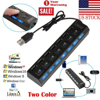 

7 - Port USB 2.0 Multi Charger Hub+High Speed Adapter ON/OFF Switch PC Laptop US