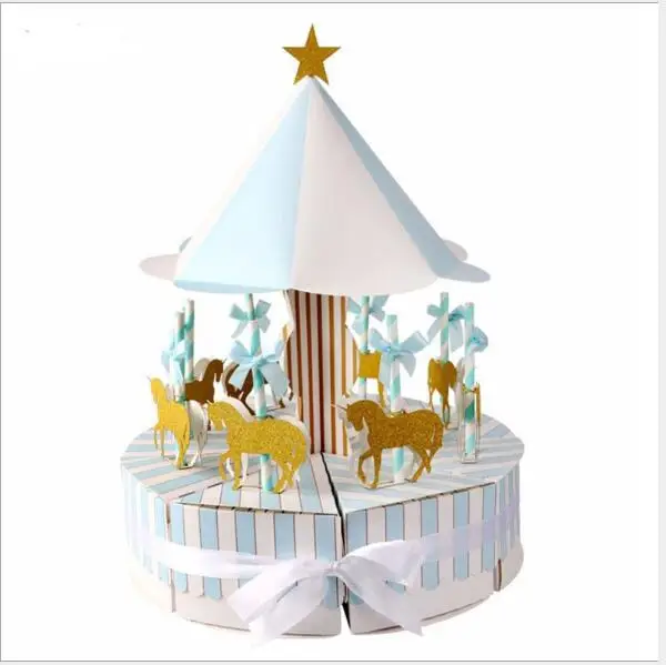 

free shipping pink blue merry-go-round shape baby birthday candy boxes for baby shower YWJM22