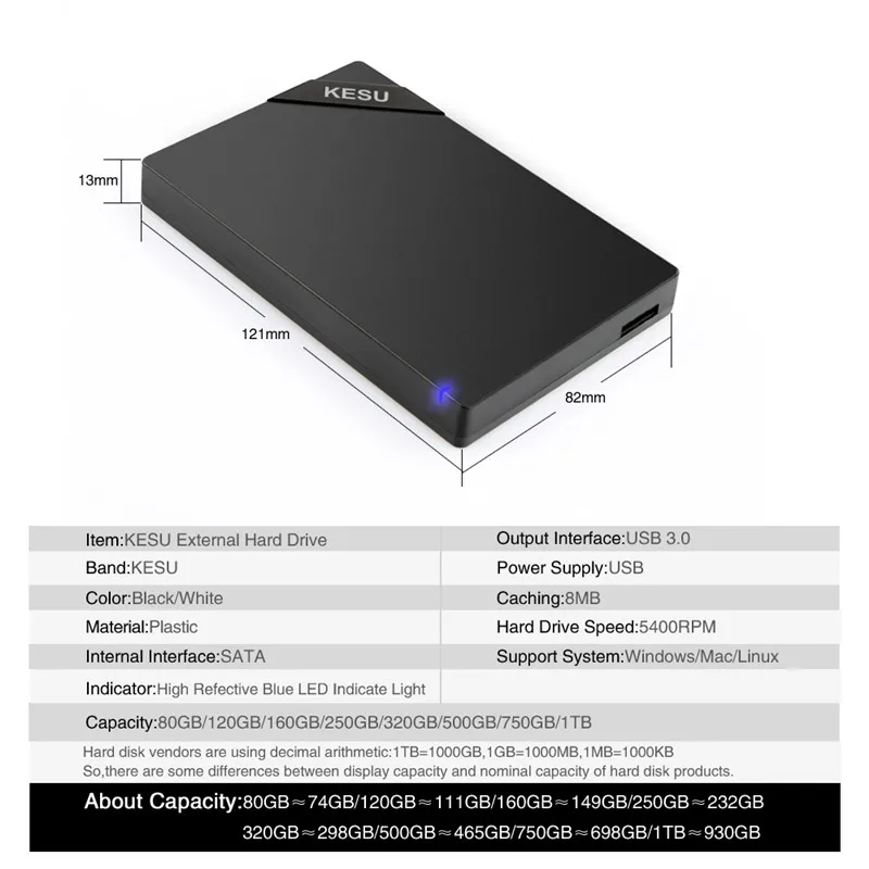 KESU 2 5 ''внешний жесткий диск USB3.0 120 Гб 160 250 ГБ 320 500 1 ТБ HDD внешний HD для ноутбуков