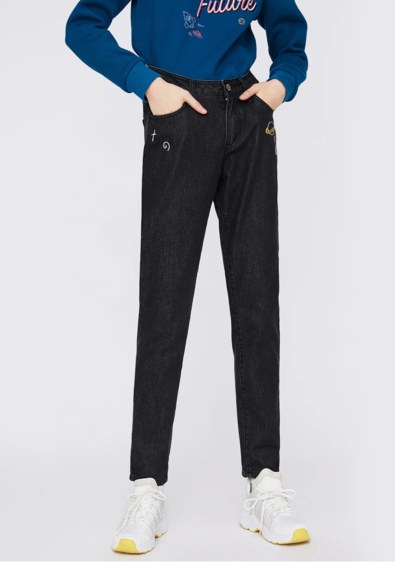 Toyouth черный с вышивкой повседневные джинсы Женщины корейские джинсы Boyfriend Denim Женский Жан зима Mujer Pantalon хлопковые брюки