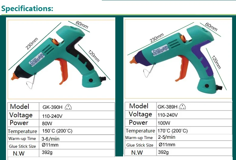 Pro'sKit Профессиональный горячего расплава клея пушка 80 W/100 W AC 110 V-240 V с 3 шт. 11-ти миллиметровый клей-палочки для DIY или промышленного