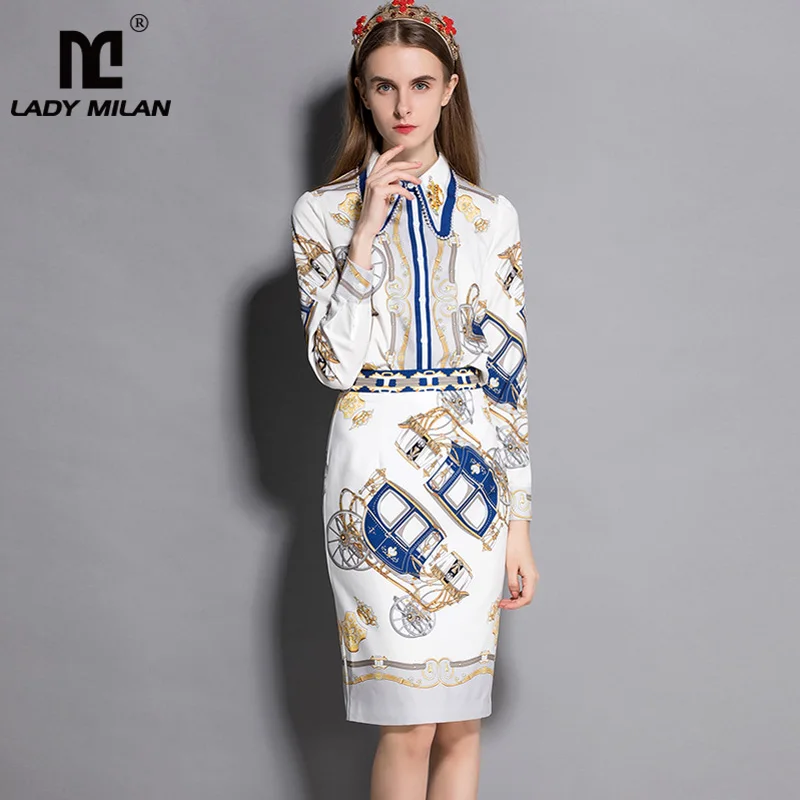 Manches Mode Femmes Deux Avec Multi Imprimé Longues Robes Chemises Ensembles De Le Perles Vers Jupes Pièces Floral Tournent Crayon Bas YW6fqYn