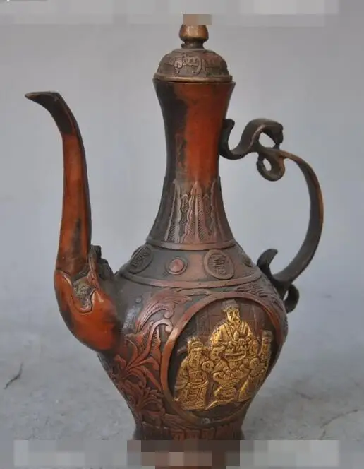 

S6445 Chinese bronze copper gilt dragon phoenix bird jambhala god Wine Tea Pot statue D0317