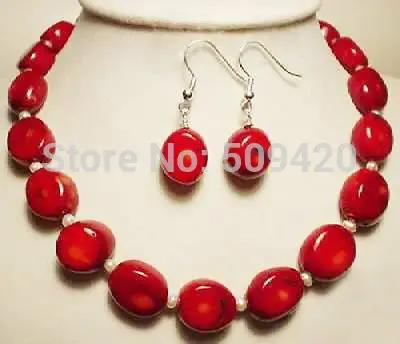 

Wholesale 32012 Jewelry White Akoya Pearl & red coral necklace earrings Set