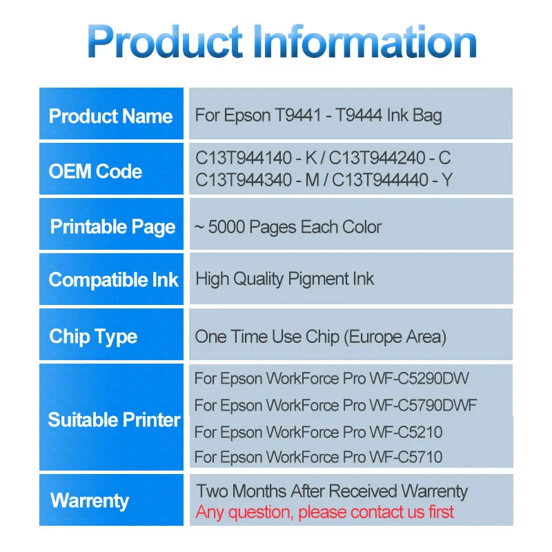Bolsa de Tinta com Chip de Pigmento para Impressora Área da Europa Epson Workforce Pro Wf-c5290 Wf-c5790 Wf-c5210 Wf-c5710 T9441 xl T9441-t9444 - Imagem 6