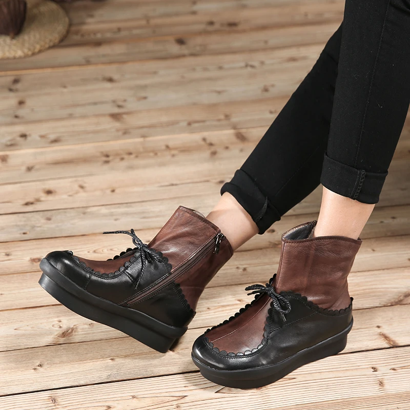 

Bowknot Design Flat Shoes Woman Ankle Lady Booties VALLU Brand Platform Genuine Leather Female Lovely Zipper Boots