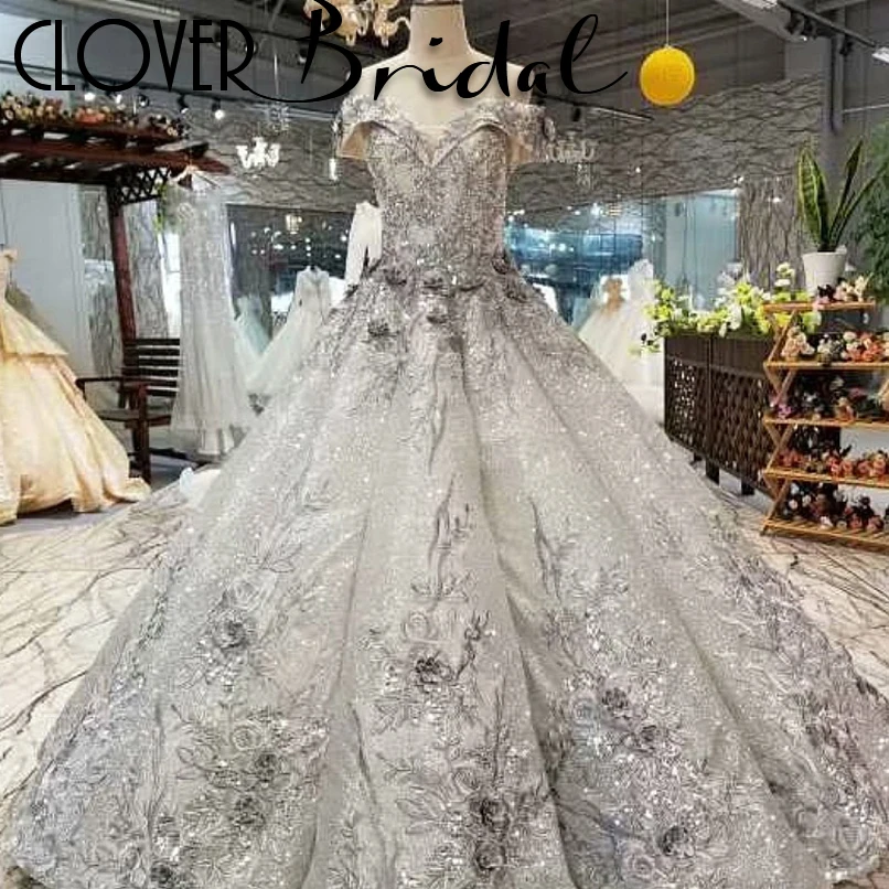 CloverBridal Длина пола серебряное бальное платье Кружева аппликации 3D цветы блестками невесты платье с жемчугом грубая юбка свадебное платье