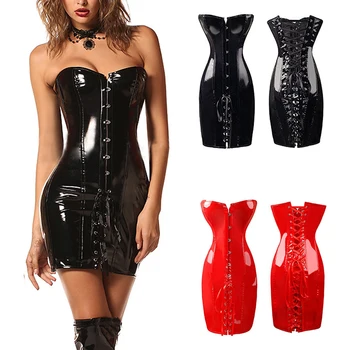 

Women Sexy Long PU Leather Corset Gothic Dress Shiny PVC Leather Boned Bustier Top Lace Clubwear Corselet Black Red