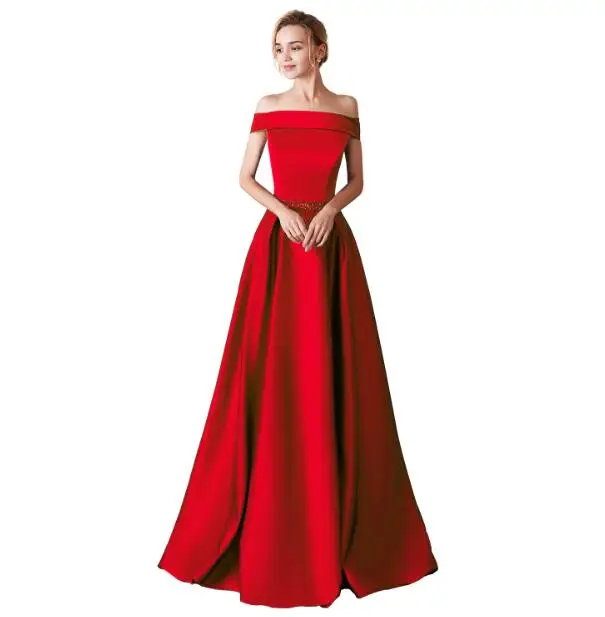 Новое поступление, элегантные вечерние платья, Vestido de Festa, атласное платье с карманами, Королевский синий цвет, платье для выпускного вечера с открытыми плечами - Цвет: Красный