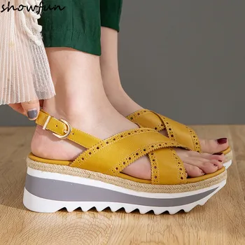 

Women's genuine leather platform flats sandals cross strap high heel summer sandals open toe elegant ladies comfort dress shoes