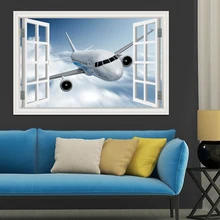 Пейзаж обои самолет 3D наклейка на стену виниловая настенная роспись Большой вид на окно голубое небо домашний Декор Гостиная