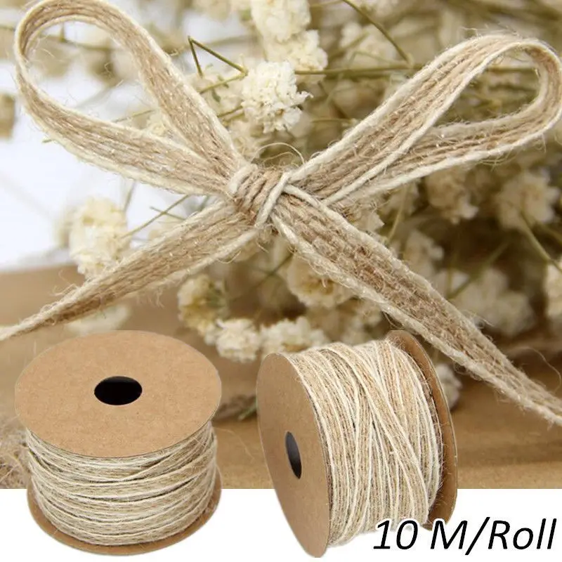10M/Roll Jute Burlap Rolls Hessian Ribbon With Lace Vintage Rustic Wedding Decoration Party DIY Crafts Christmas Gift Packaging 1