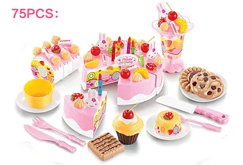 

Play House toys 75pcs/set Children Pink wooden mousse cake Simulation birthday cake Table Model Utensils Toy girls gifts