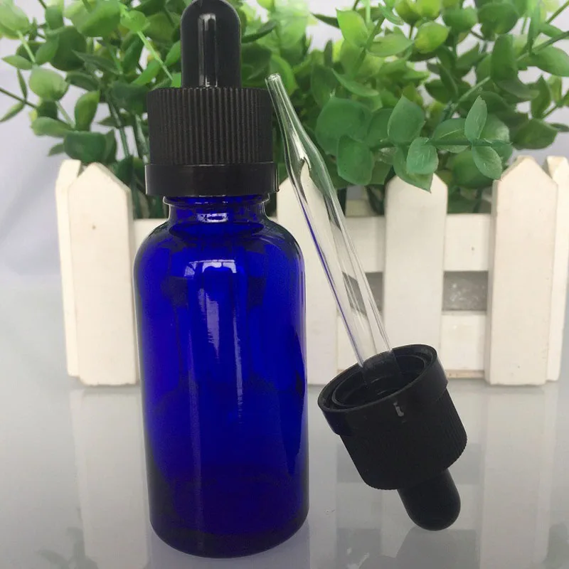 

1000pcs Empty Glass Bottle 30ml 50ml 15ml 10ml 5ml Blue Essential Oil Glass Dropper Bottles Black Head Glass Drip Childproof cap