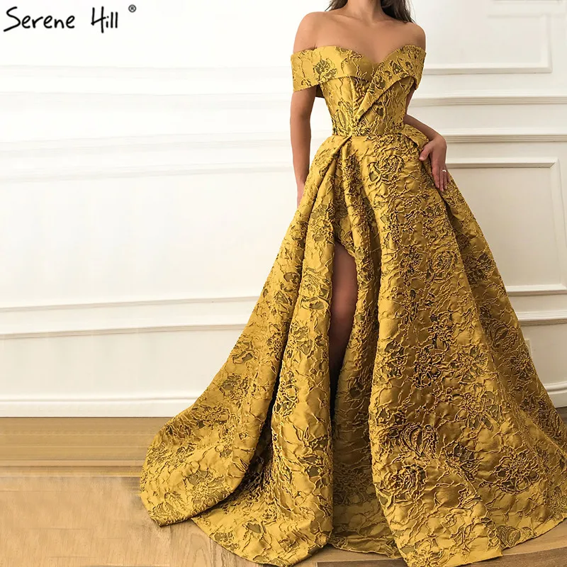 Дубай золотые вечерние платья Дубай сексуальные модные с открытыми плечами вечерние платья Serene Хилл LA6484