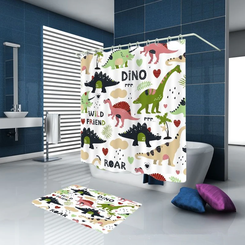 

Cartoon Dinosaur Printed Bathroom Curtain Waterproof Polyester Fabric Shower Curtain Funny Baby Kids Bathtub Hanging Curtain