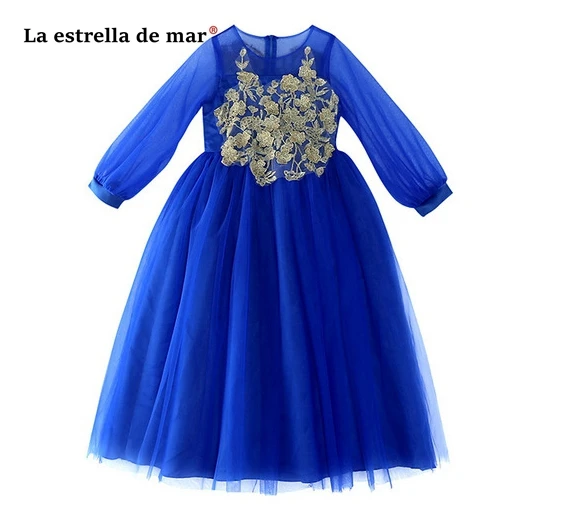 Vestido de daminha/Новинка 2019 года, Тюлевое платье с длинными рукавами и накидкой, королевское синее Пышное Платье для девочек, длинное платье с