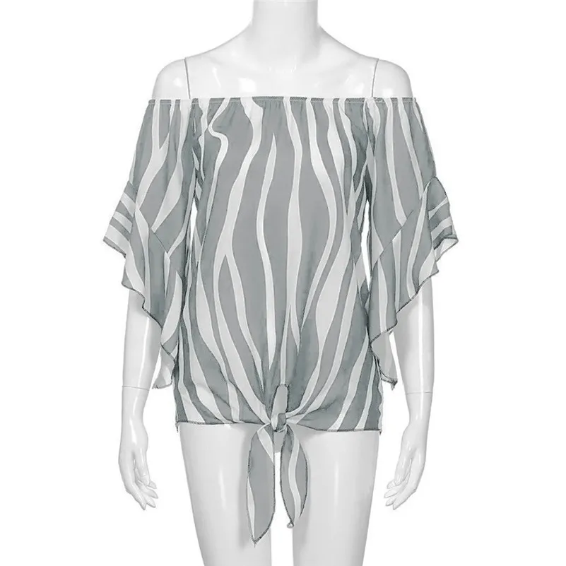 Women Striped Off Shoulder Waist Tie Blouse Short Sleeve Casual T Shirts Tops  (4)
