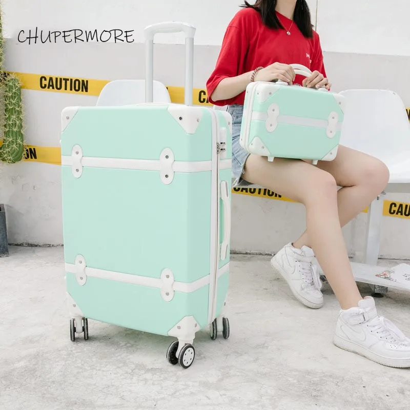 Chupermore мода прокатки багажные наборы Spinner ретро чемодан колёса 20 дюймов для женщин вести дорожные сумки пароль тележка - Цвет: green a set