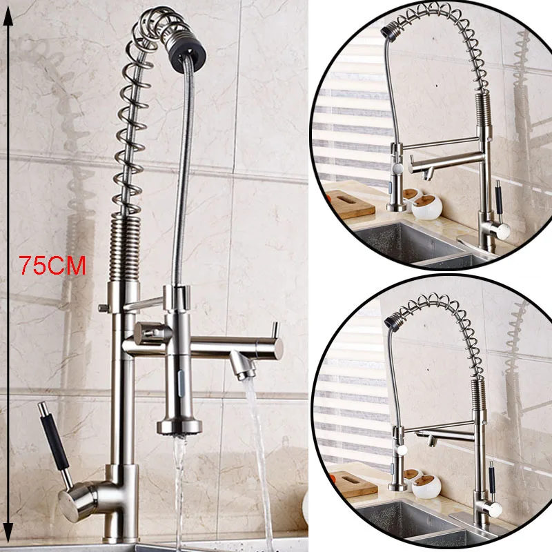 

75CM Height Dual Sprayer Kitchen Sink Mixer Taps Single Lever Deck Mounted with Side Spout Kitchen Hot and Cold Faucet