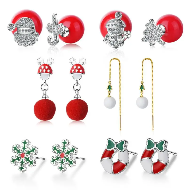 

New Bells Snowflakes Elk Christmas Tree Gift Box Fluff Ball Zircon Earrings Trend Creative 925 Sterling Silver Jewelry SAE79