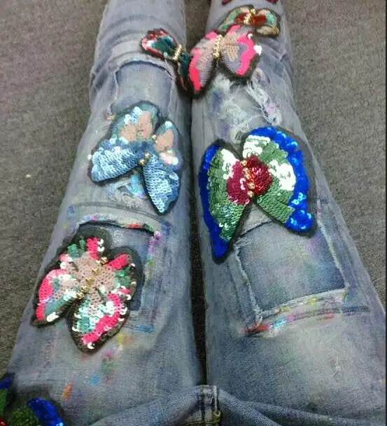 Personality Labeling Hole Feet And sequins embroidery patchwork butterfly attached female street Jeans D977
