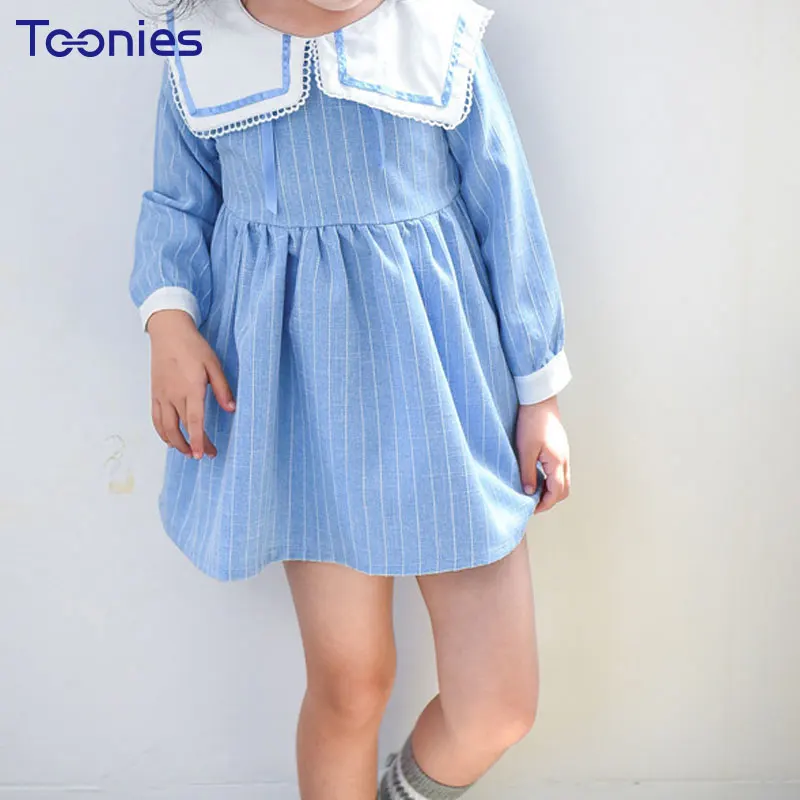 Children's Wear Adorable Dress Korean Girls Preppy Style Vertical Stripe Long Sleeved Dresses Cotton Big Pleated Vestidos | Детская