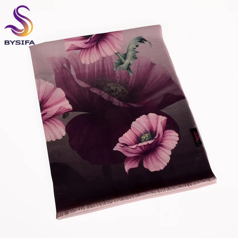 [BYSIFA] Ladies Purple Scarves Foulard New Floral Design 100% Wool Cashmere Scarves Fall Winter Women Wool Scarf Shawl 190*75cm