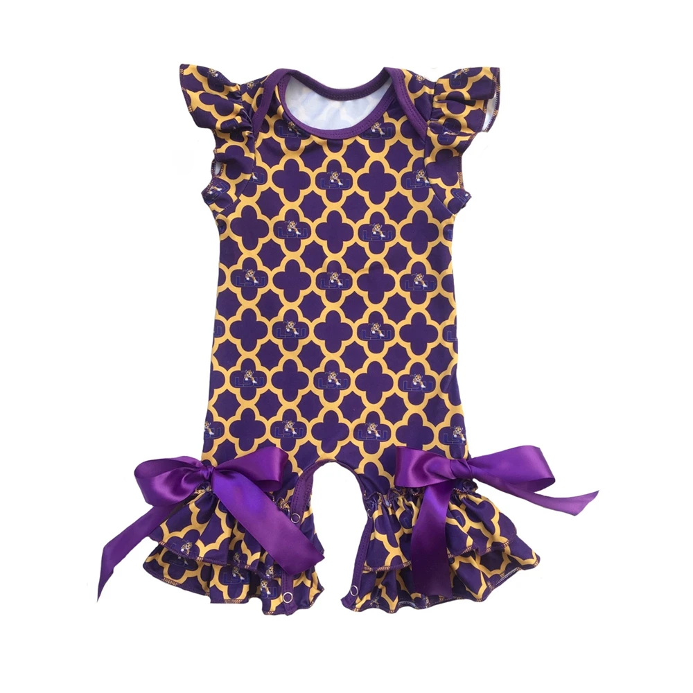 Purple gold tiger custom print Infant clothes red blue football baseball Romper baby gown for summer football baseball season
