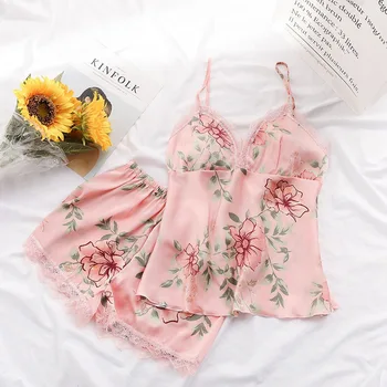 

2019 Summer Women Sexy Sleepwear Flower Print Pajamas Women Sleepwear Pajama Set