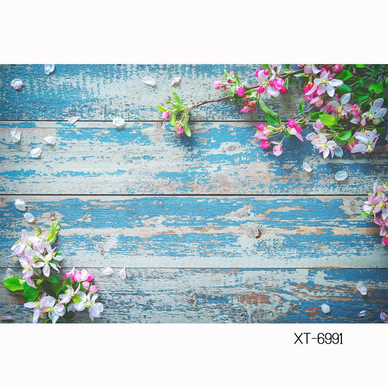 HUAYI blossoming-light-pink-flowers Backdrop for diy/foods/cake/products Photography old blue wood board plank Floral XT-6991