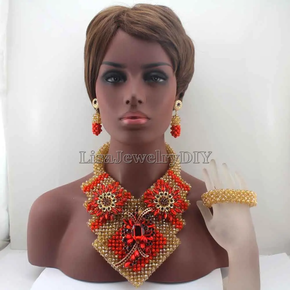 

Unique Indian African Bride Jewelry Set Nigerian Wedding Party Beads Statement Necklace Set 2016 Woman Gift Free Shipping HD7895